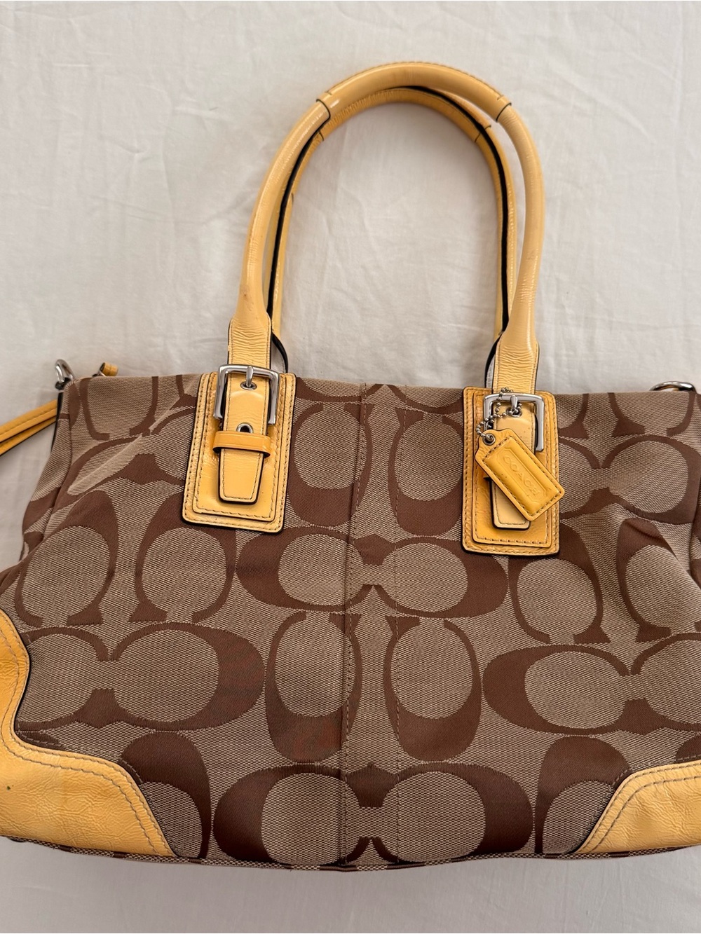 Y2K Coach brown and yellow monogram handbag with buckle accents - Picture 2 of 8